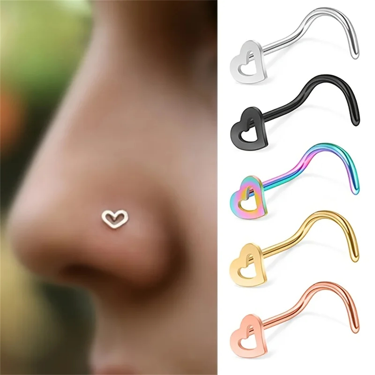 Nostril Screw Pin - 5 sztuk Fashion Hollow Heart Stainless