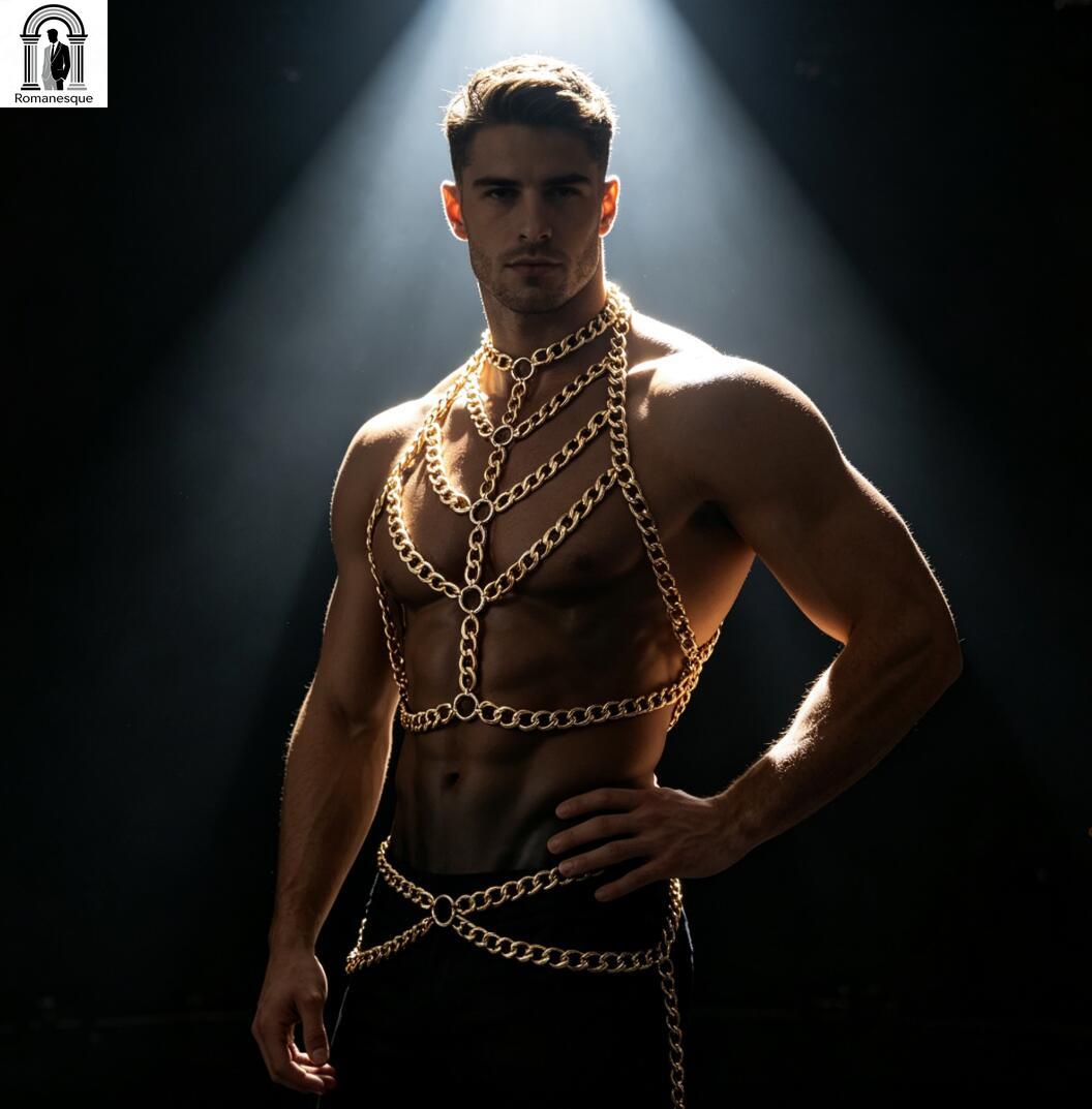 Body Jewelry Vest - Męski srebrny gruby łańcuchowy harness na