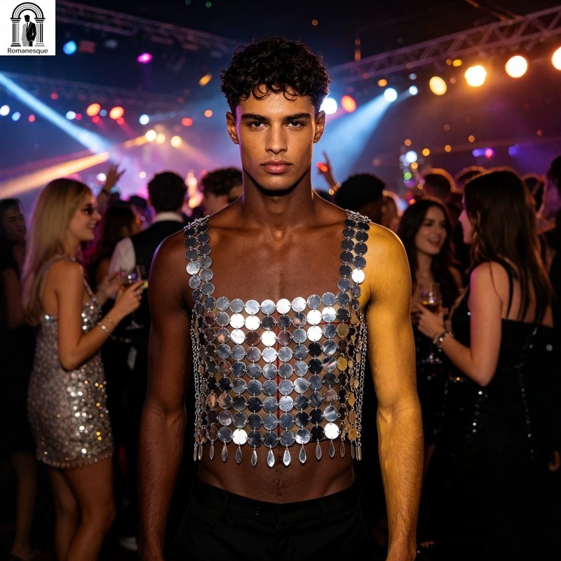 Męska błyszcząca kamizelka z ł – Body Jewelry Vest recenzja i cena