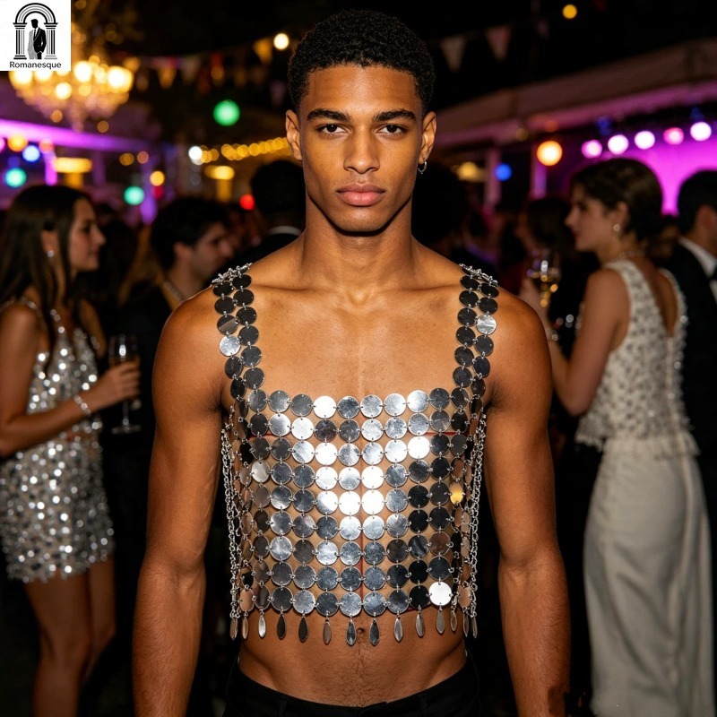 Męska błyszcząca kamizelka z ł – Body Jewelry Vest recenzja i cena
